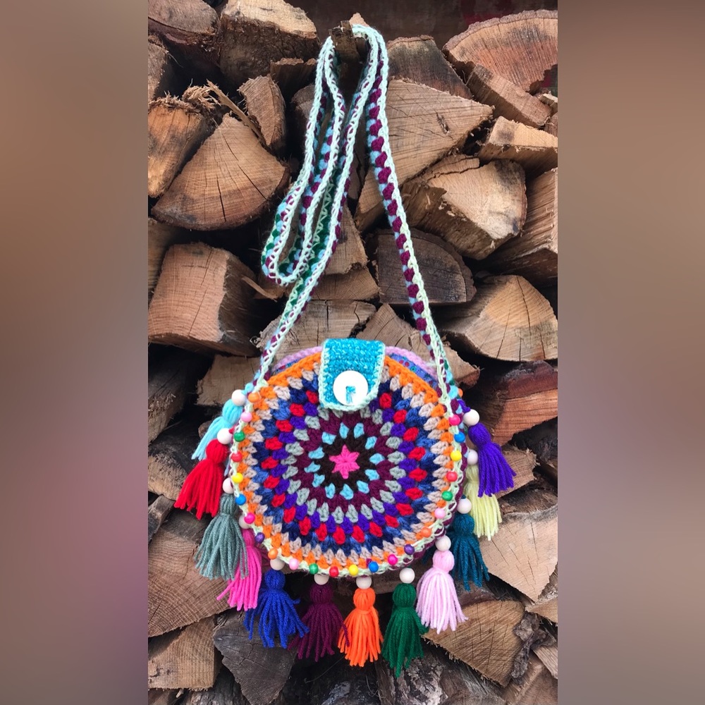 Handmade One of A Kind ! Crochet boho round bag .